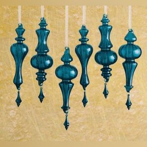 Deep Teal Glass Finial Ornaments Set of 6